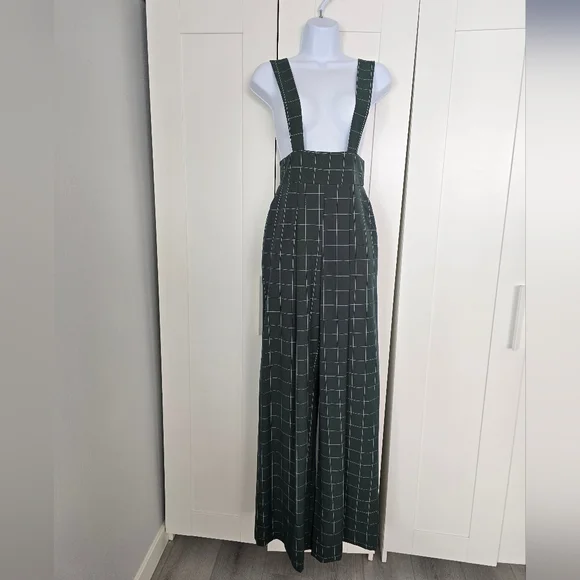 NWOT Rare Unique Vintage Windowpane Emerald Rochelle Plaid Suspender Pants - Picture 3 of 10